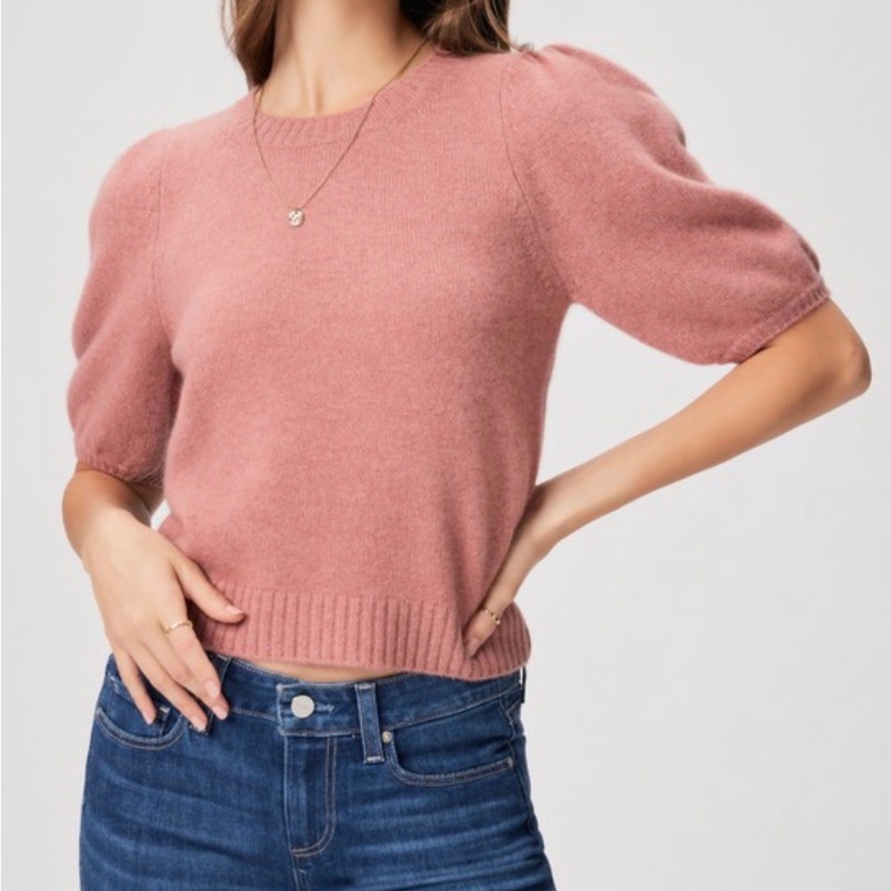 PAIGE Cashmere Dusty Rose Puff-Sleeve Crewneck Sweater
